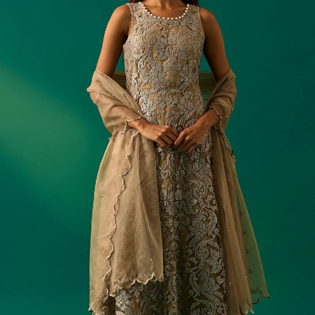 Beige Embroidered Anarkali Dress with Churidar and Dupatta Set