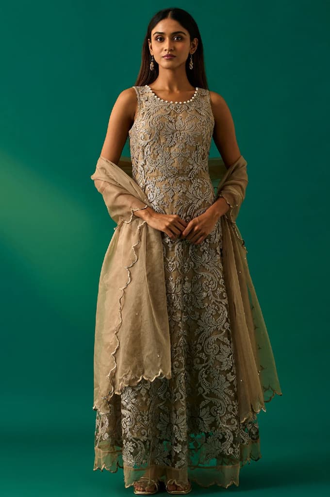 Beige Embroidered Anarkali Dress with Churidar and Dupatta Set — XS