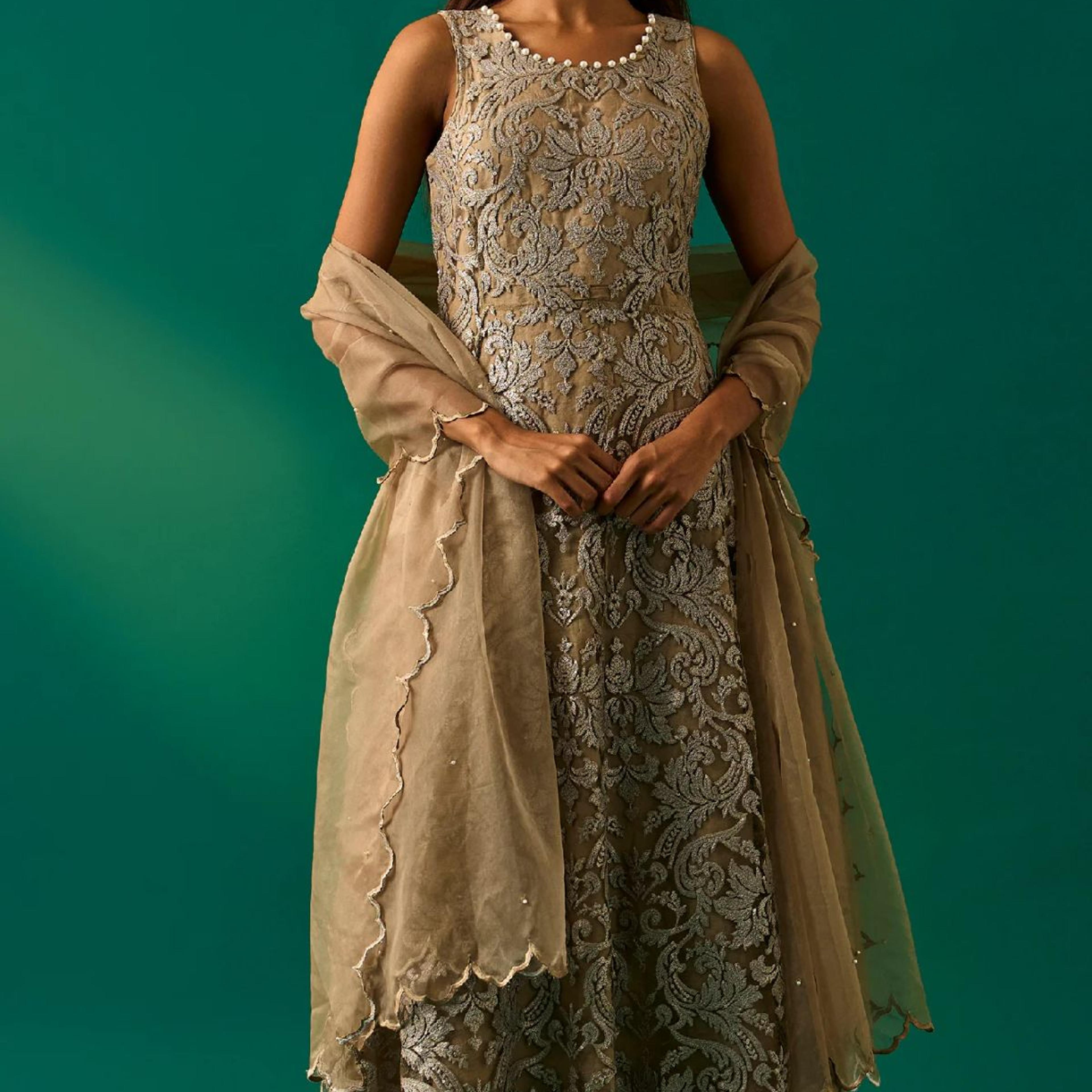 Beige Embroidered Anarkali Dress with Churidar and Dupatta Set
