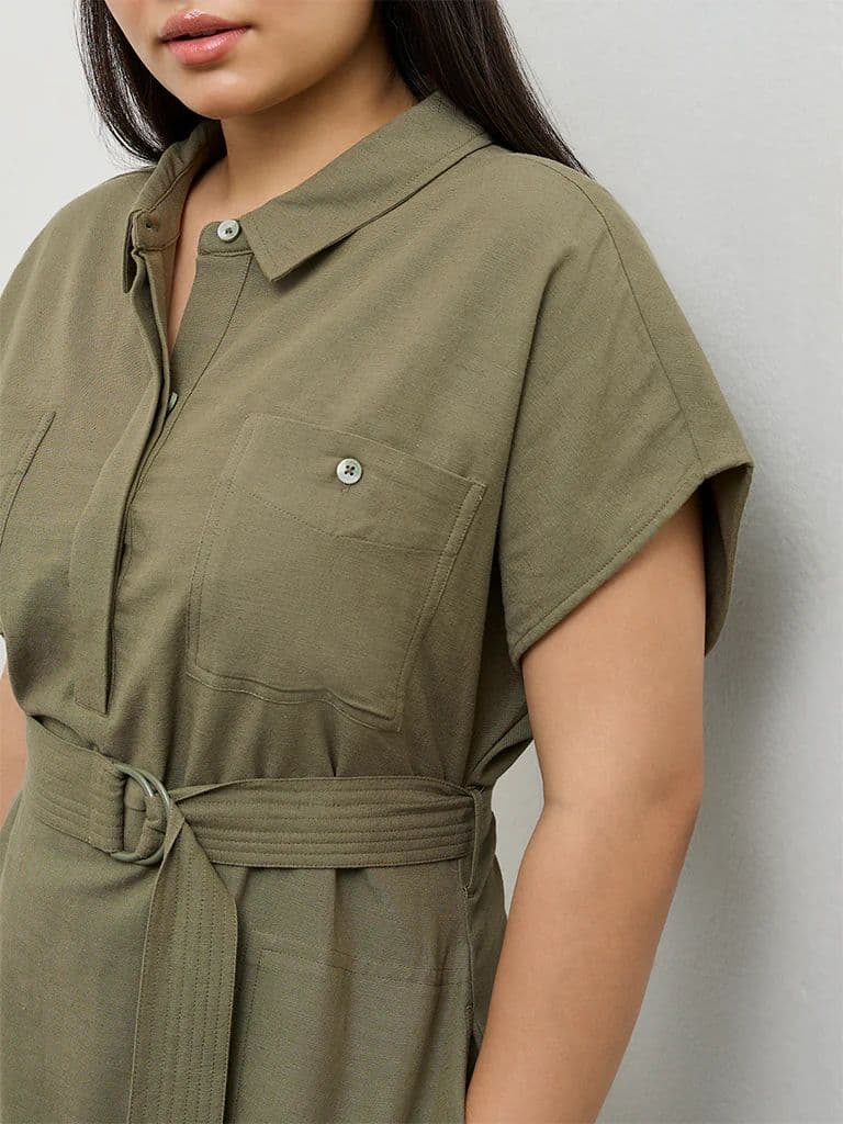 Gia Olive Solid A-Line Dress with Belt — photo 3