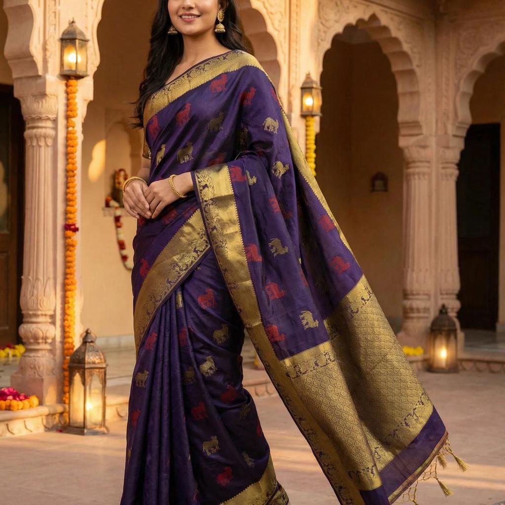 MIMOSA Women's Woven Design Banarasi Style Raw Silk Saree with Blouse Piece - Navy ( SA00003136NVFREE )