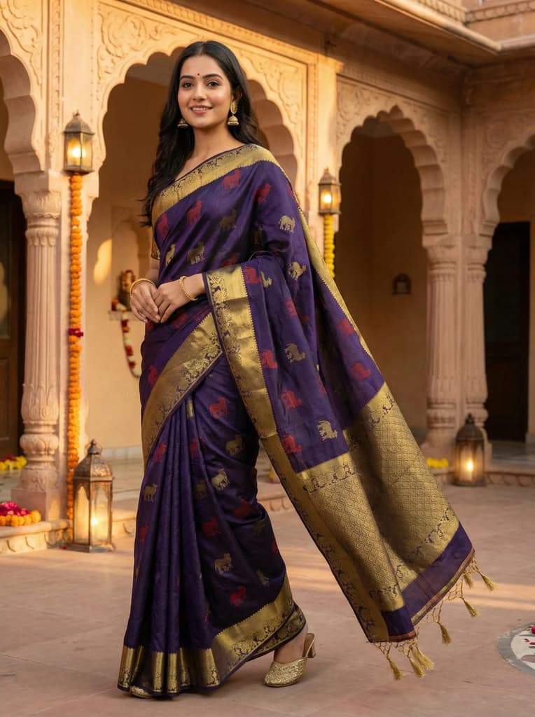 MIMOSA Women's Woven Design Banarasi Style Raw Silk Saree with Blouse Piece - Navy ( SA00003136NVFREE ) — Default Title