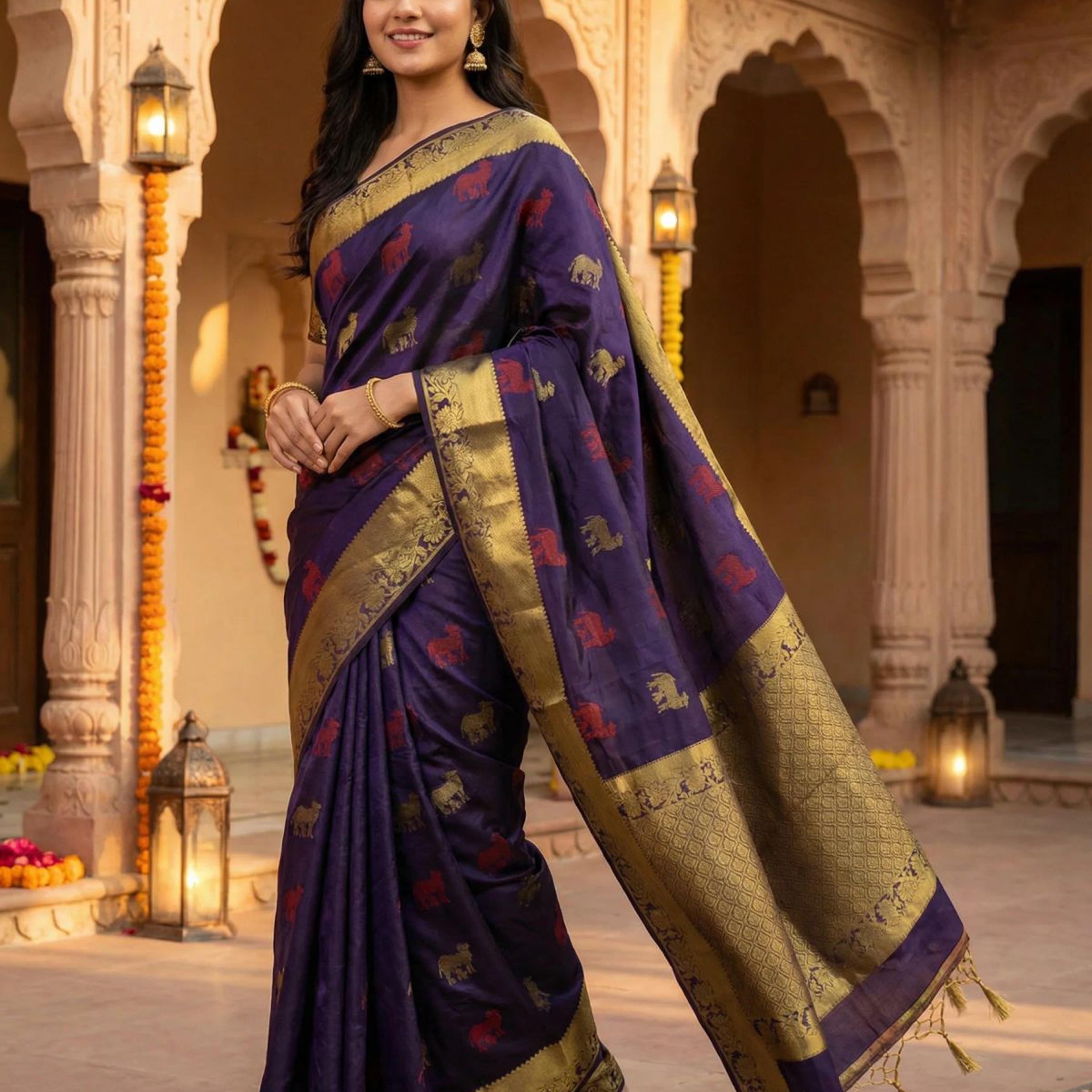 MIMOSA Women's Woven Design Banarasi Style Raw Silk Saree with Blouse Piece - Navy ( SA00003136NVFREE )