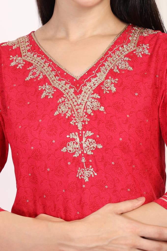 Red Embroidered A-Line Kurta and Straight Trouser Set — photo 3