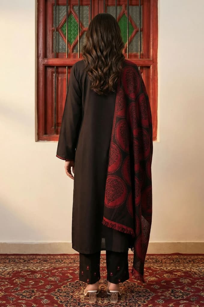 Black Solid Embroidered Straight Winter Kurta with Pants and Dupatta Set — photo 4