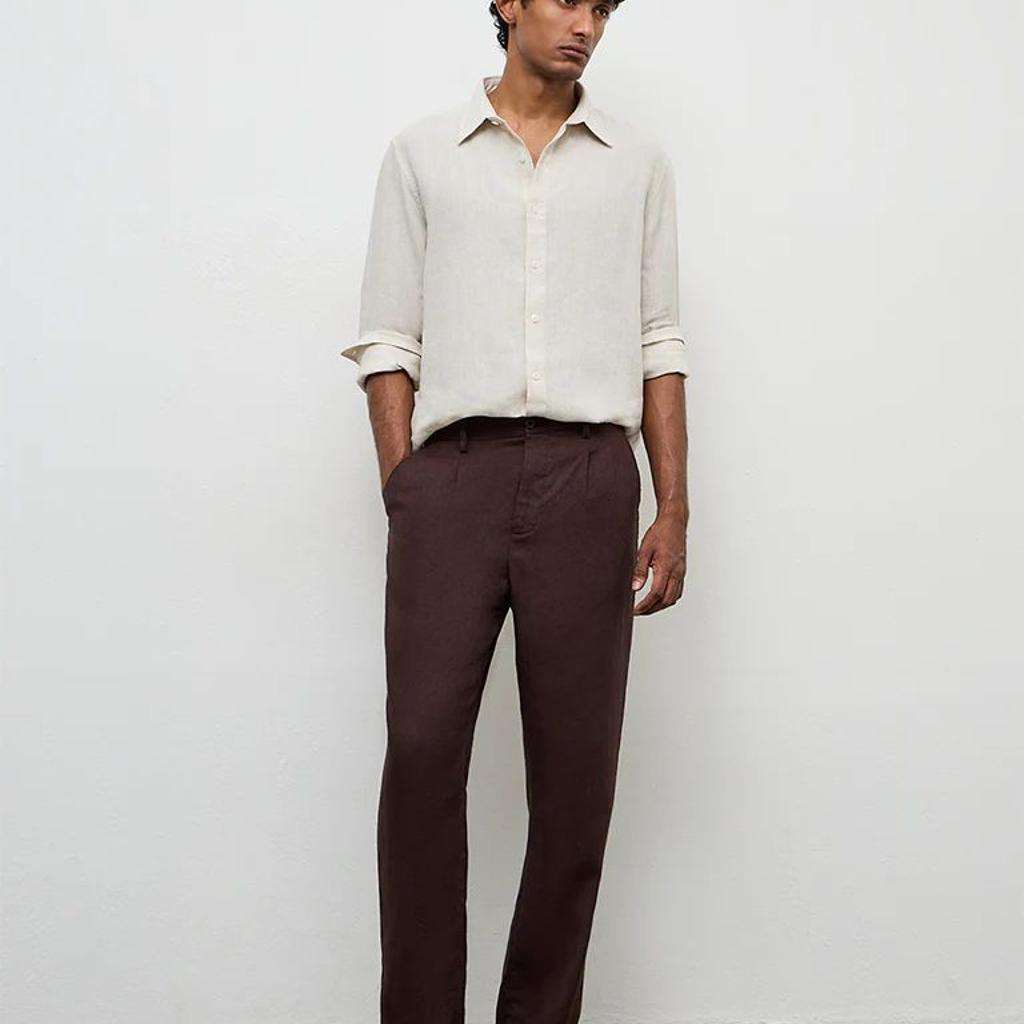 Ascot Dark Brown Mid-Rise Relaxed-Fit Linen Trousers