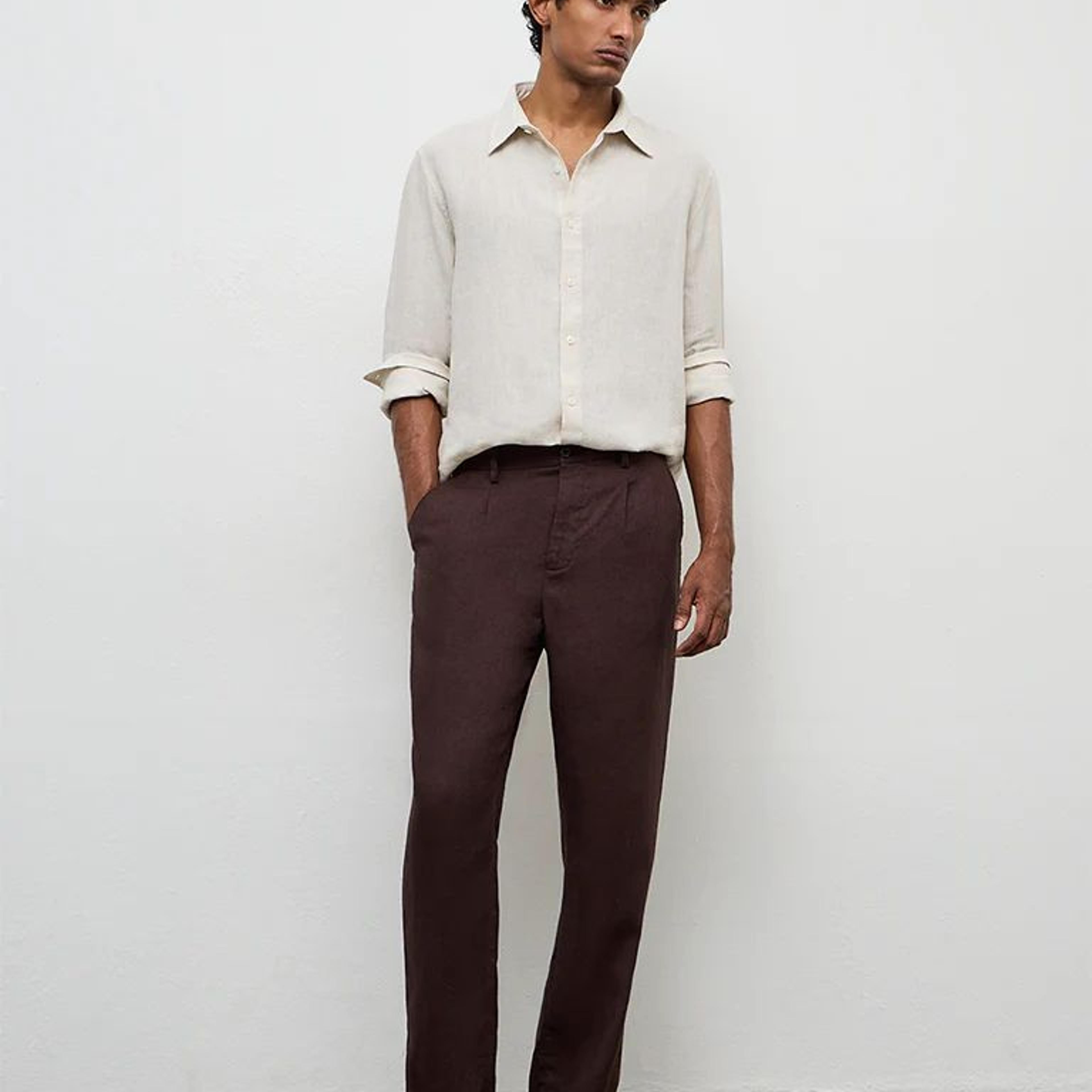 Ascot Dark Brown Mid-Rise Relaxed-Fit Linen Trousers