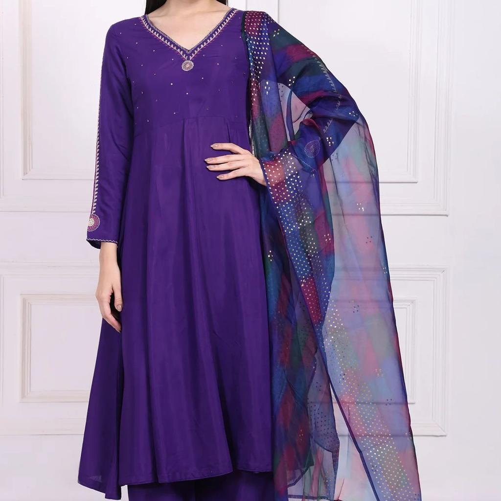 Purple Embroidered Anarkali Kurta with Parallel Pant and Dupatta Set