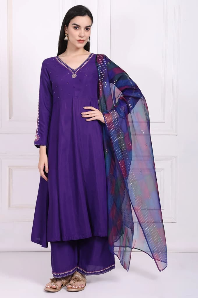 Purple Embroidered Anarkali Kurta with Parallel Pant and Dupatta Set — XS