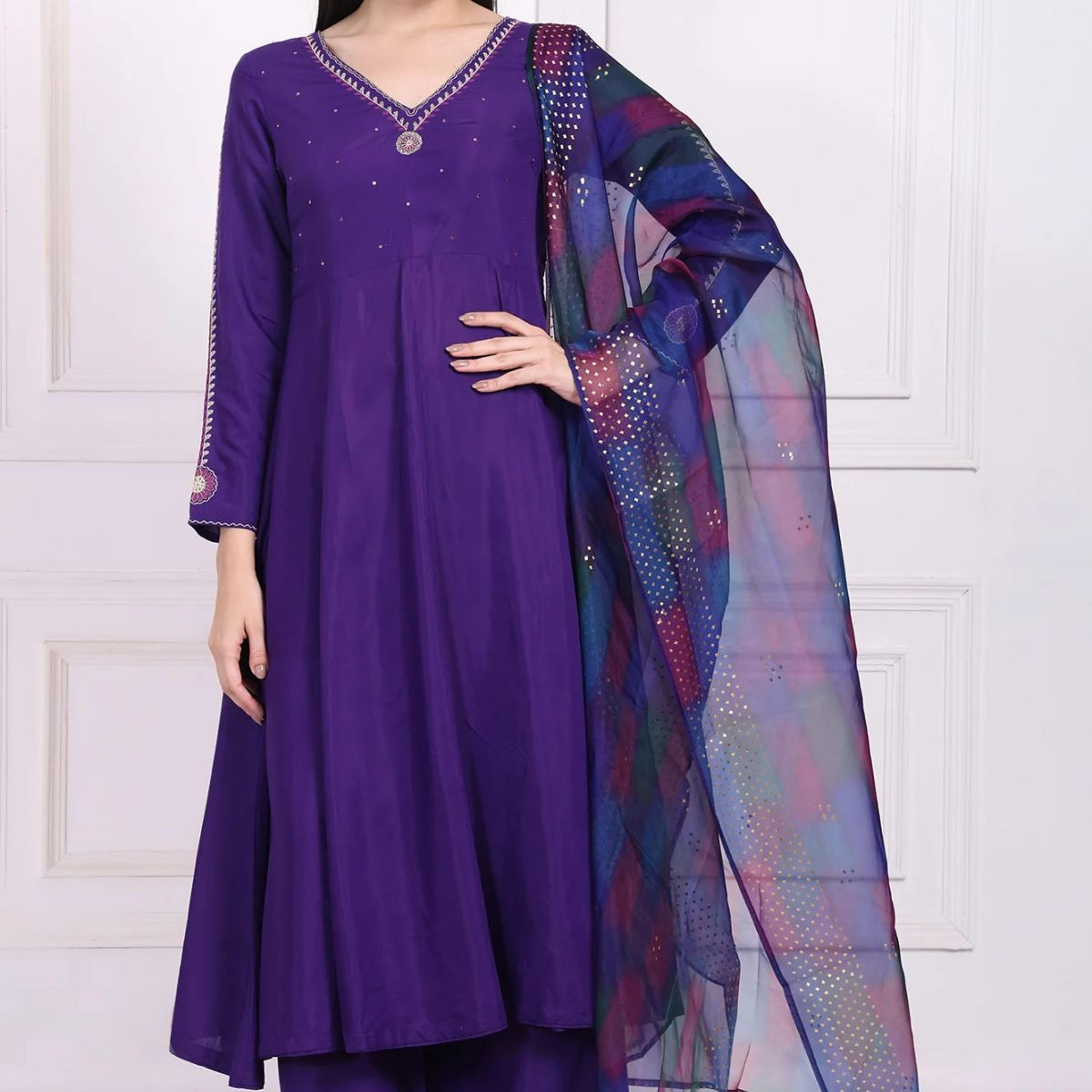 Purple Embroidered Anarkali Kurta with Parallel Pant and Dupatta Set