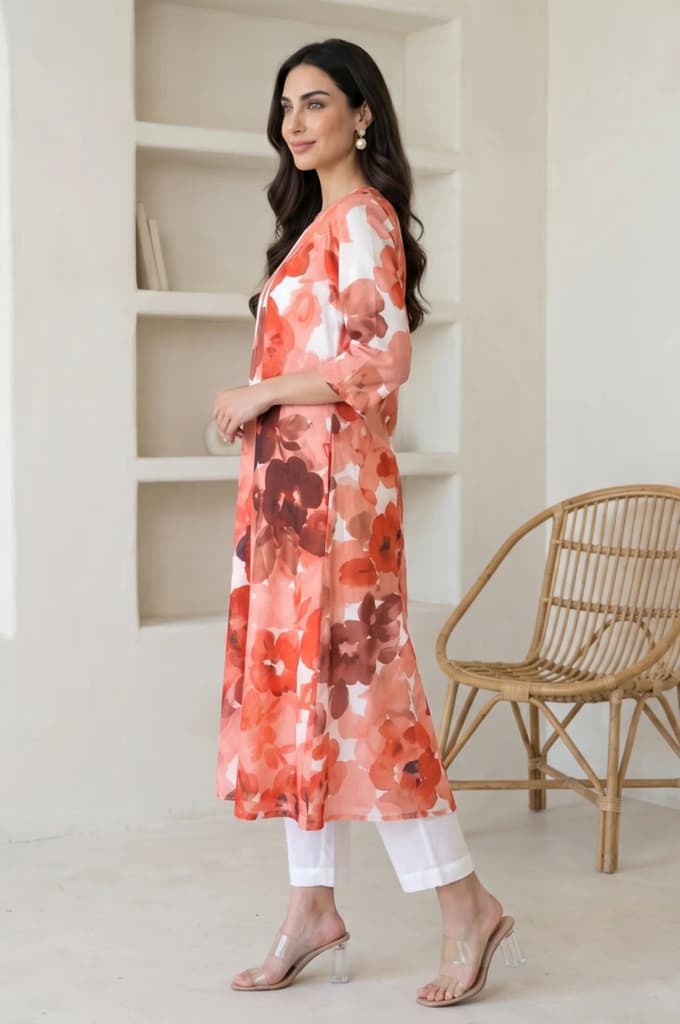 Peach Floral Printed Cotton Flax A-line Kurta — photo 4