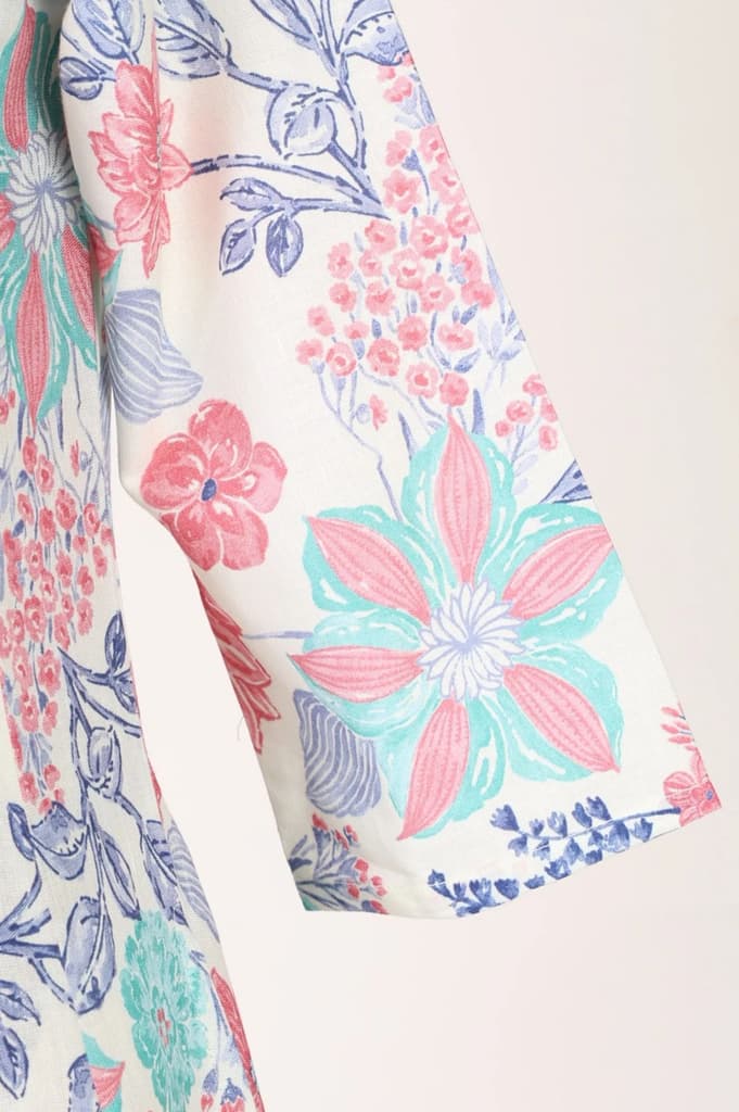 White Floral Printed Cotton Flax Flared Kurta — photo 7
