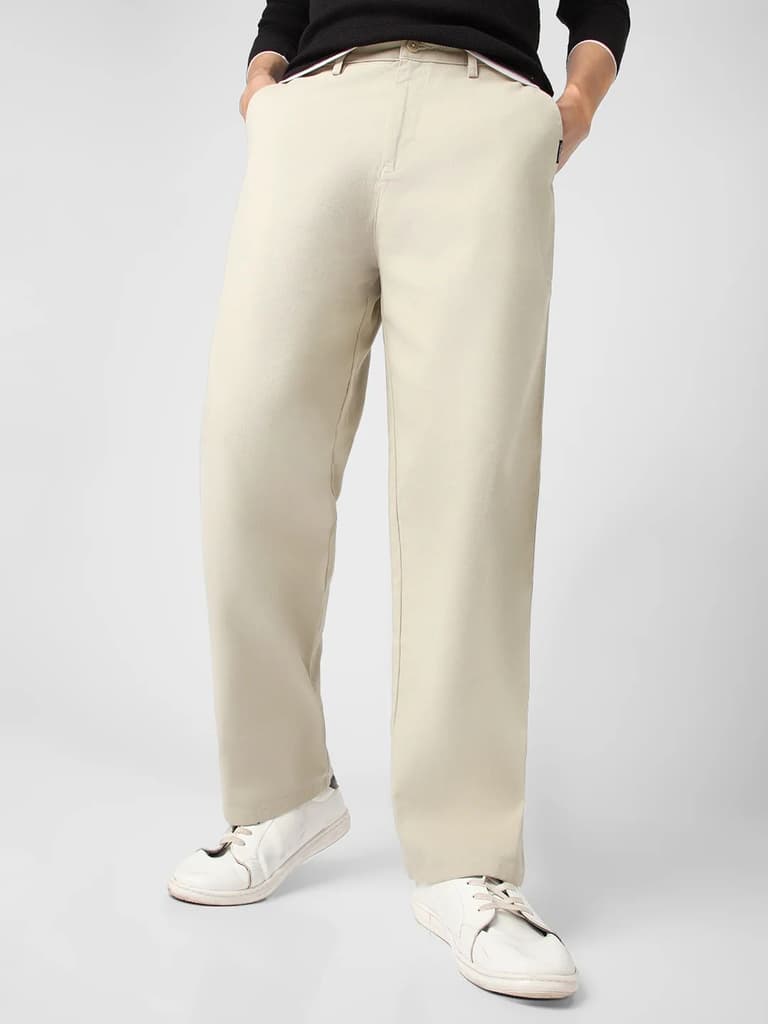 Men's Light Grey Loose Baggy Fit Solid Chino Trousers Non-Stretchable — 28 / Light Grey