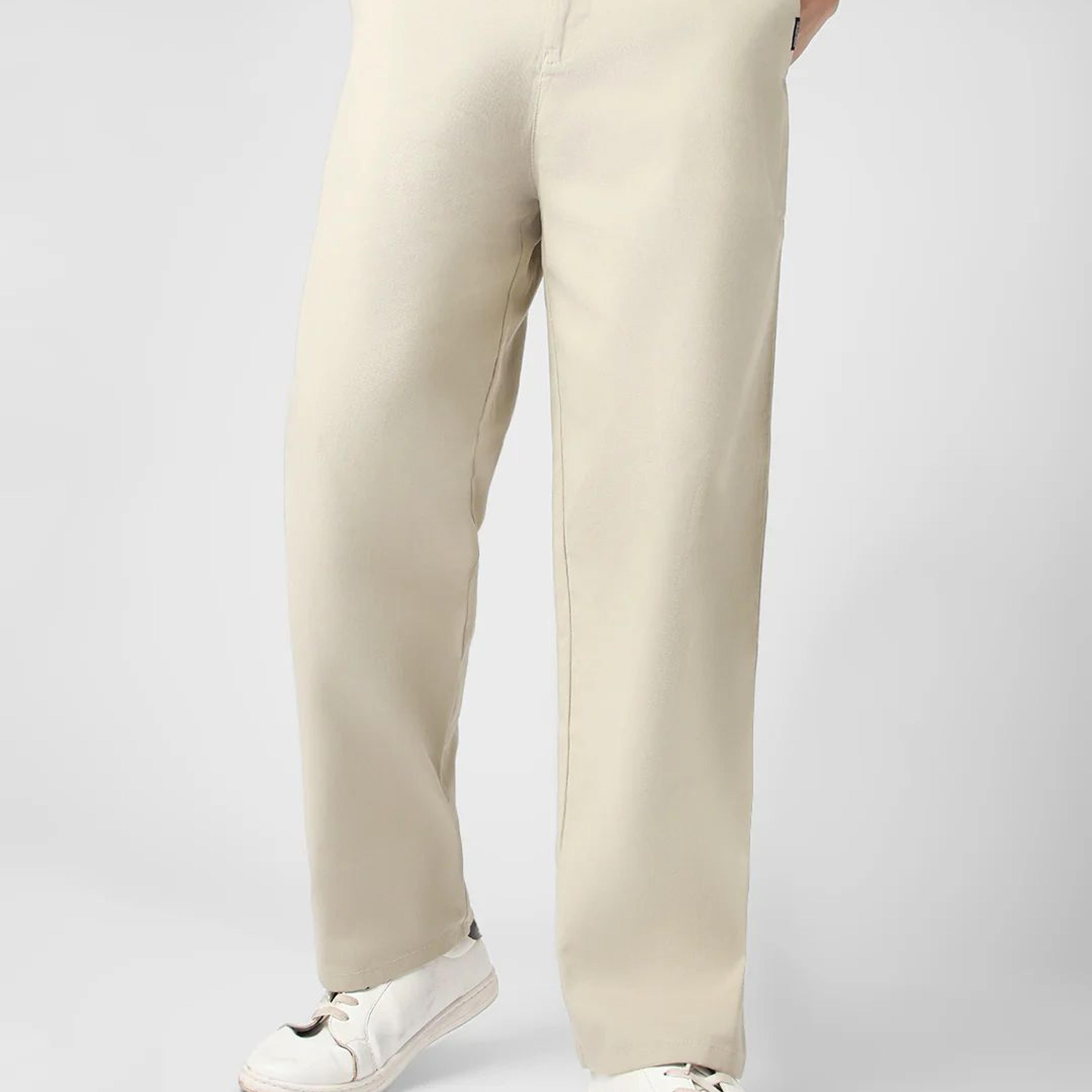 Men's Light Grey Loose Baggy Fit Solid Chino Trousers Non-Stretchable