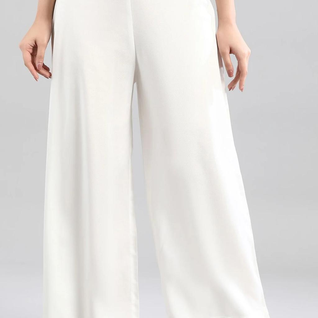 White Solid Flared Woven Palazzo With Elasticated Waistband