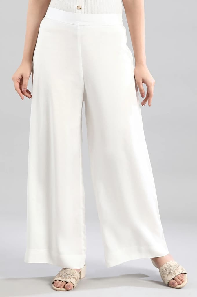 White Solid Flared Woven Palazzo With Elasticated Waistband