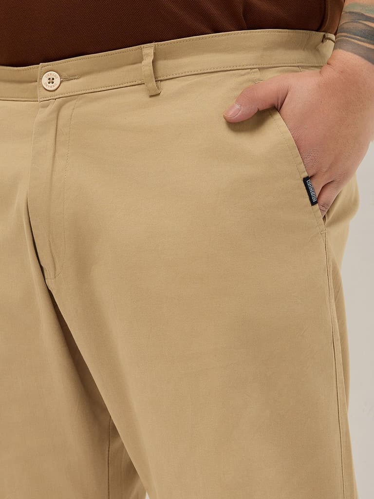 Plus Men's Beige Straight Fit Mid Rise Cotton Casual Chinos Trousers Stretch — photo 5