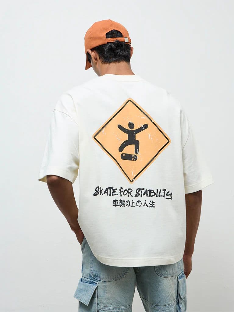 Nuon Off-White Text Printed Oversized Cotton T-Shirt — photo 4