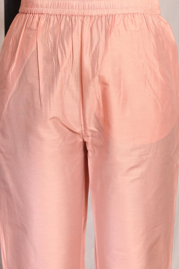 Peach Floral Printed Straight Chanderi Kurta with Pants and Dupatta Set — photo 5