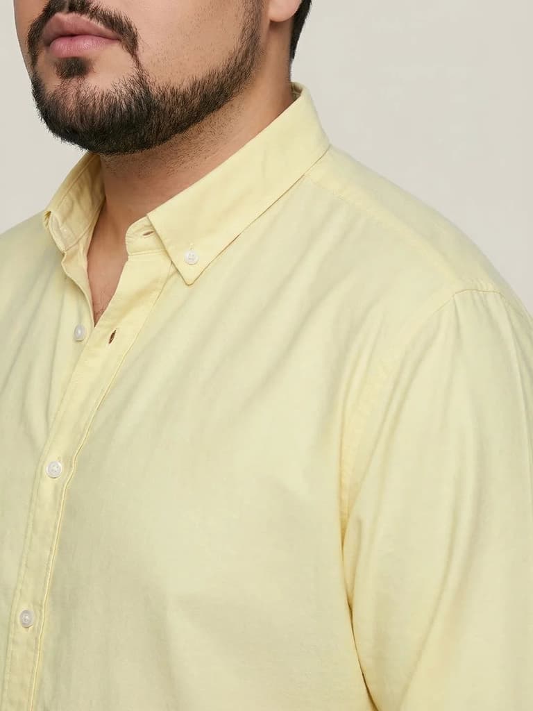 Plus Men's Yellow Cotton Full Sleeve Regular Fit Solid Oxford Shirt With Button-Down Collar — photo 6