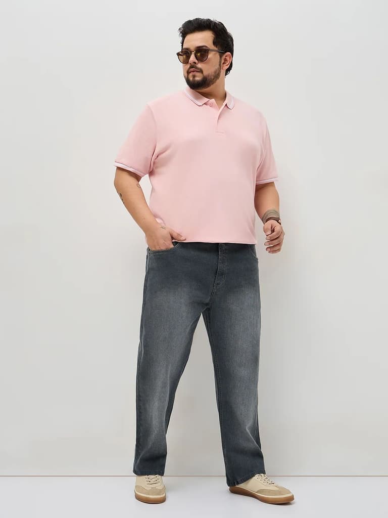 Plus Men's Dark Grey Straight Fit Washed Denim Jeans Stretchable — photo 4