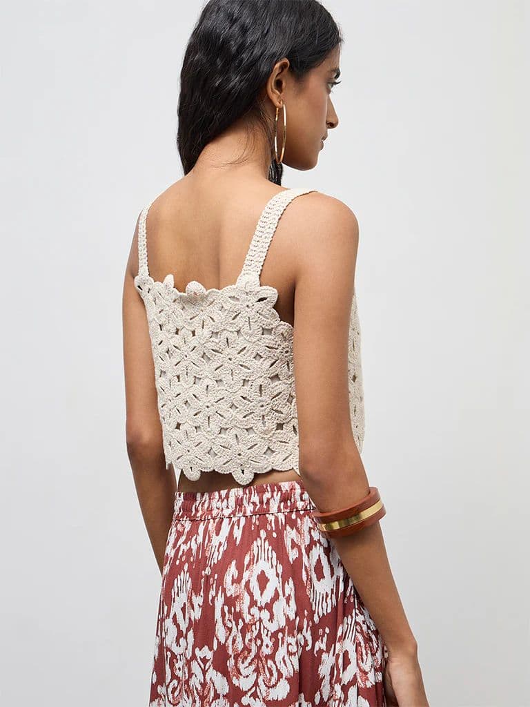Bombay Paisley Off-White Crochet Embroidered Cotton Top — photo 4