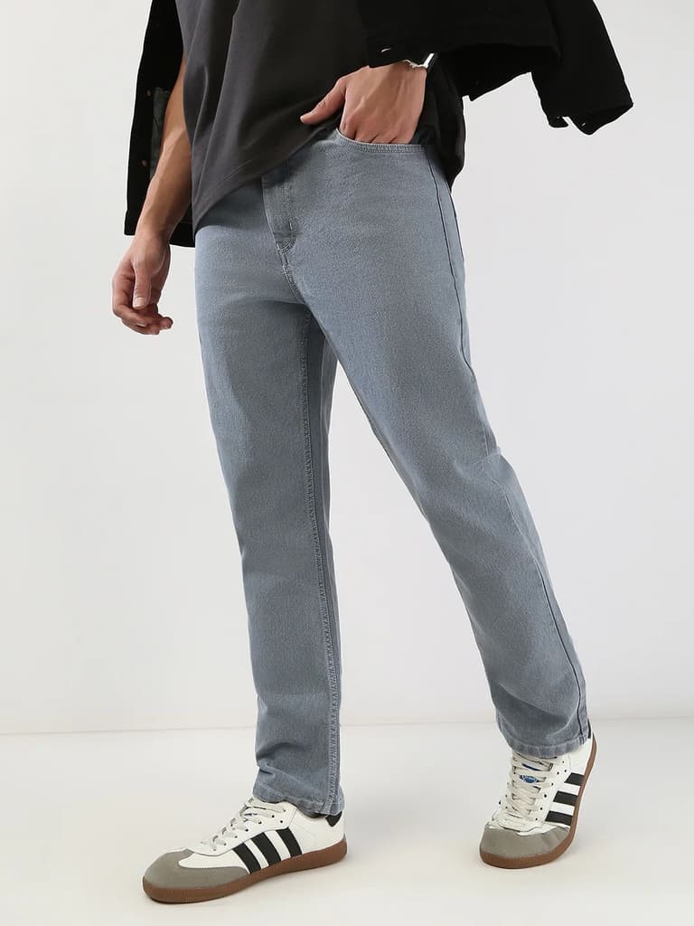 Men's Light Grey Straight Fit Washed Jeans Stretchable — photo 2
