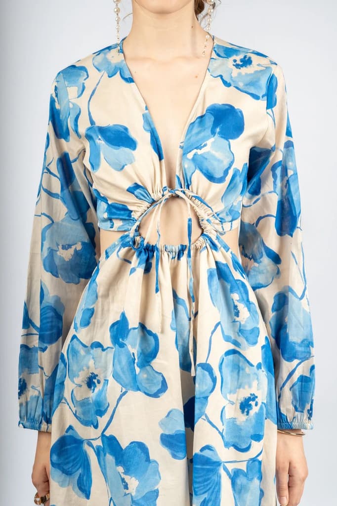 Blue & Beige Floral Cotton Cambric Fit & Flare Dress — photo 2