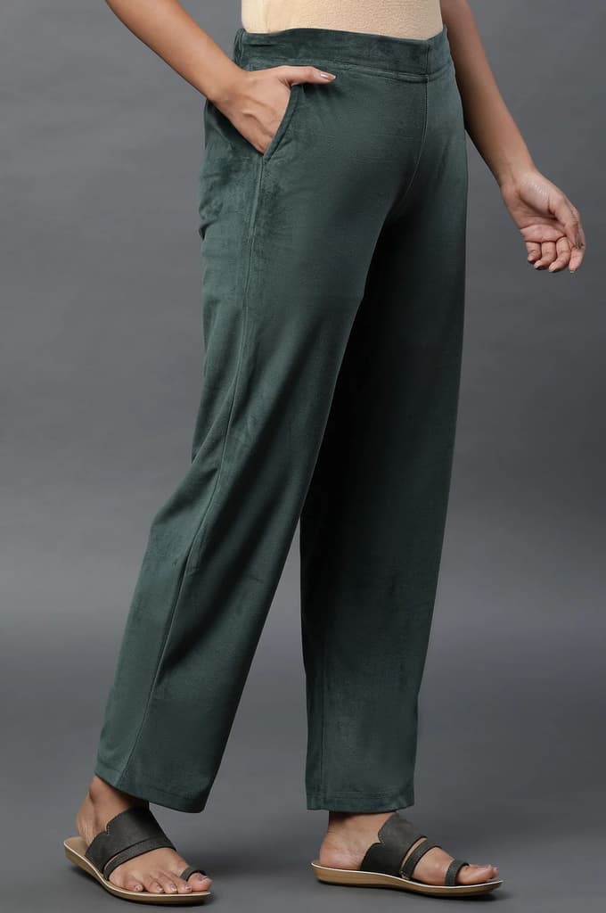 Green Solid Straight Fit Velvet Pants With Elasticated Waist — photo 4