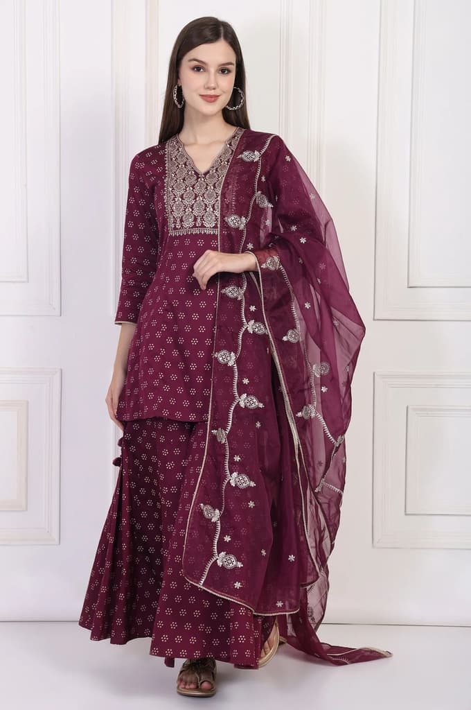 Maroon Embroidered A-Line Rayon Kurta with Sharara and Dupatta Set — photo 3