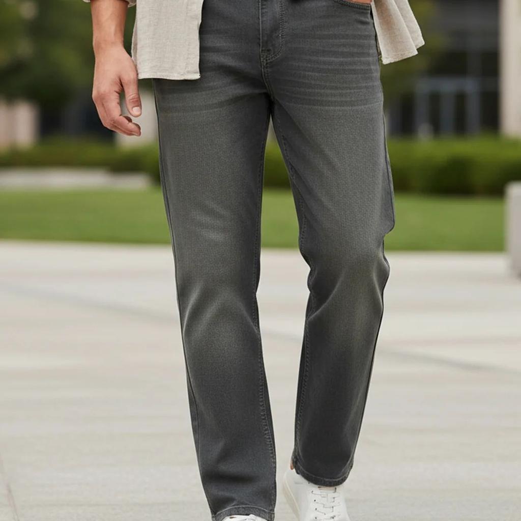 Men's Dark Grey Regular Fit Whisker Wash Yellow Tint Denim Jeans Stretchable