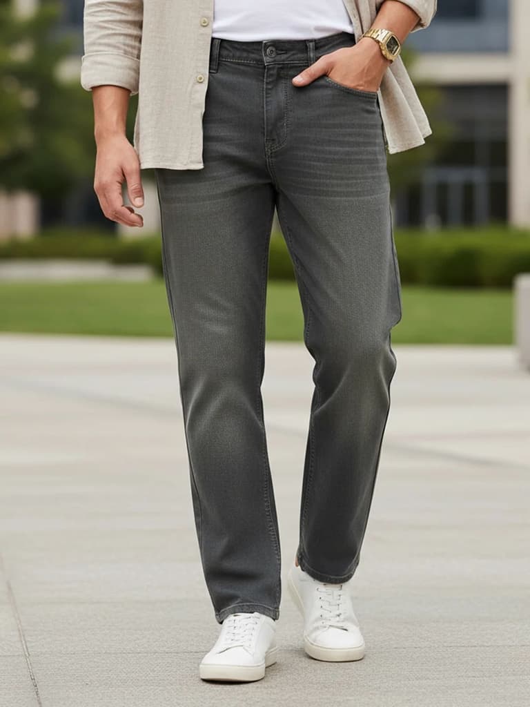 Men's Dark Grey Regular Fit Whisker Wash Yellow Tint Denim Jeans Stretchable