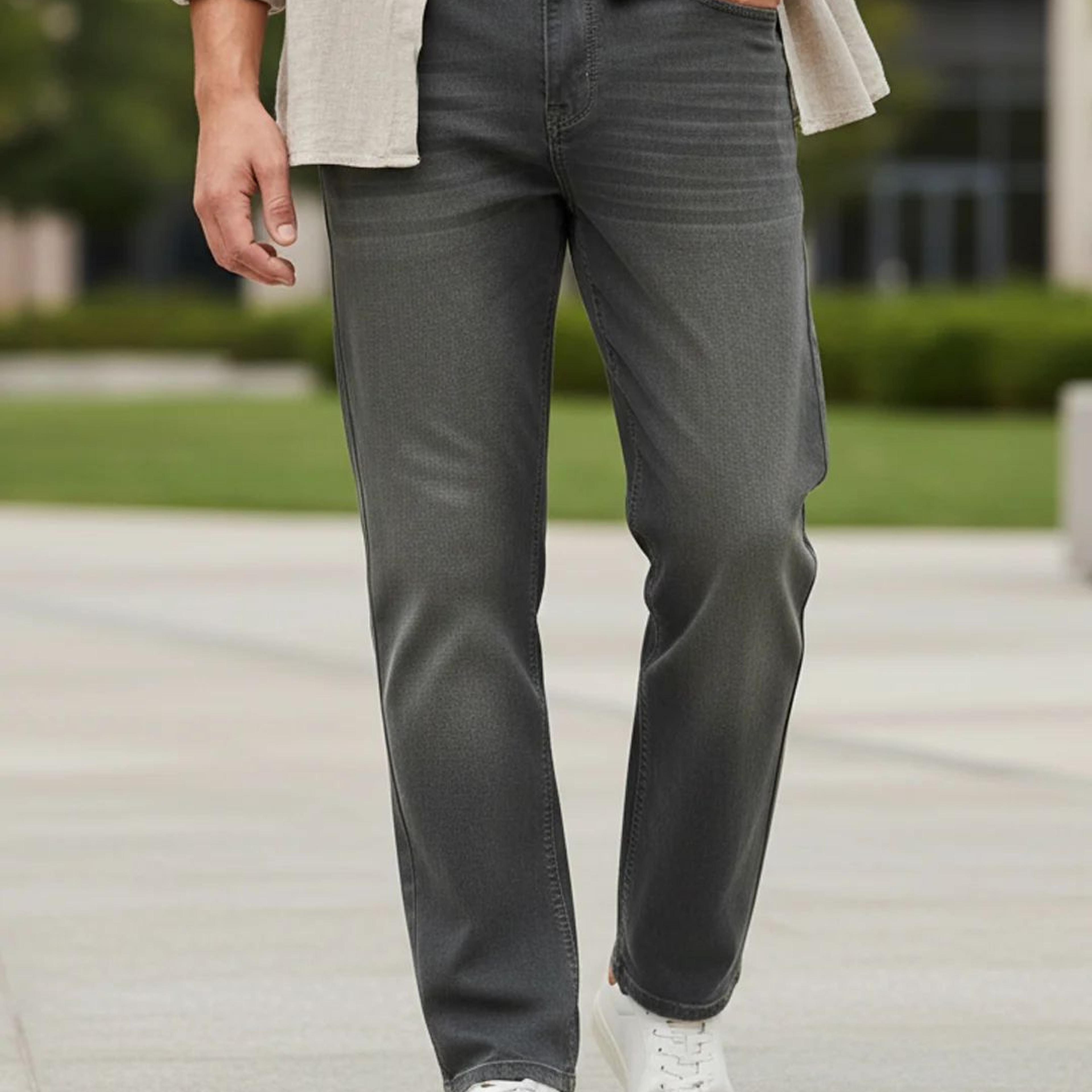 Men's Dark Grey Regular Fit Whisker Wash Yellow Tint Denim Jeans Stretchable