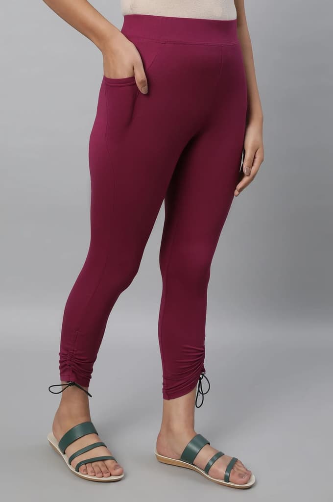 Purple Solid Skinny Fit Tights With Drawstring Detail — photo 4