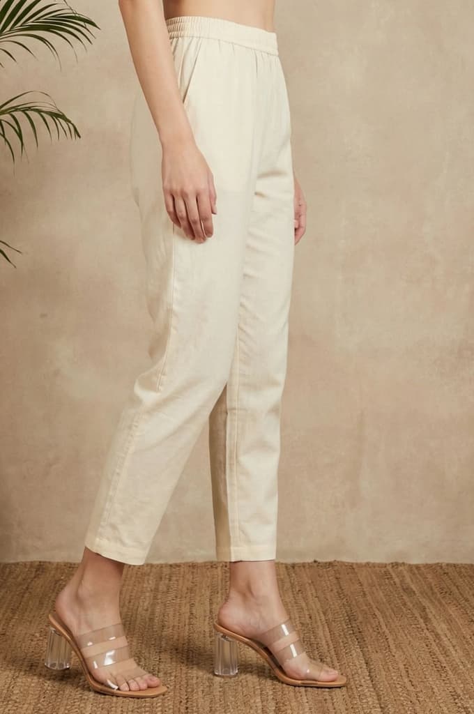 Beige Solid Pure Cotton Ankle Length Straight Pants — photo 6