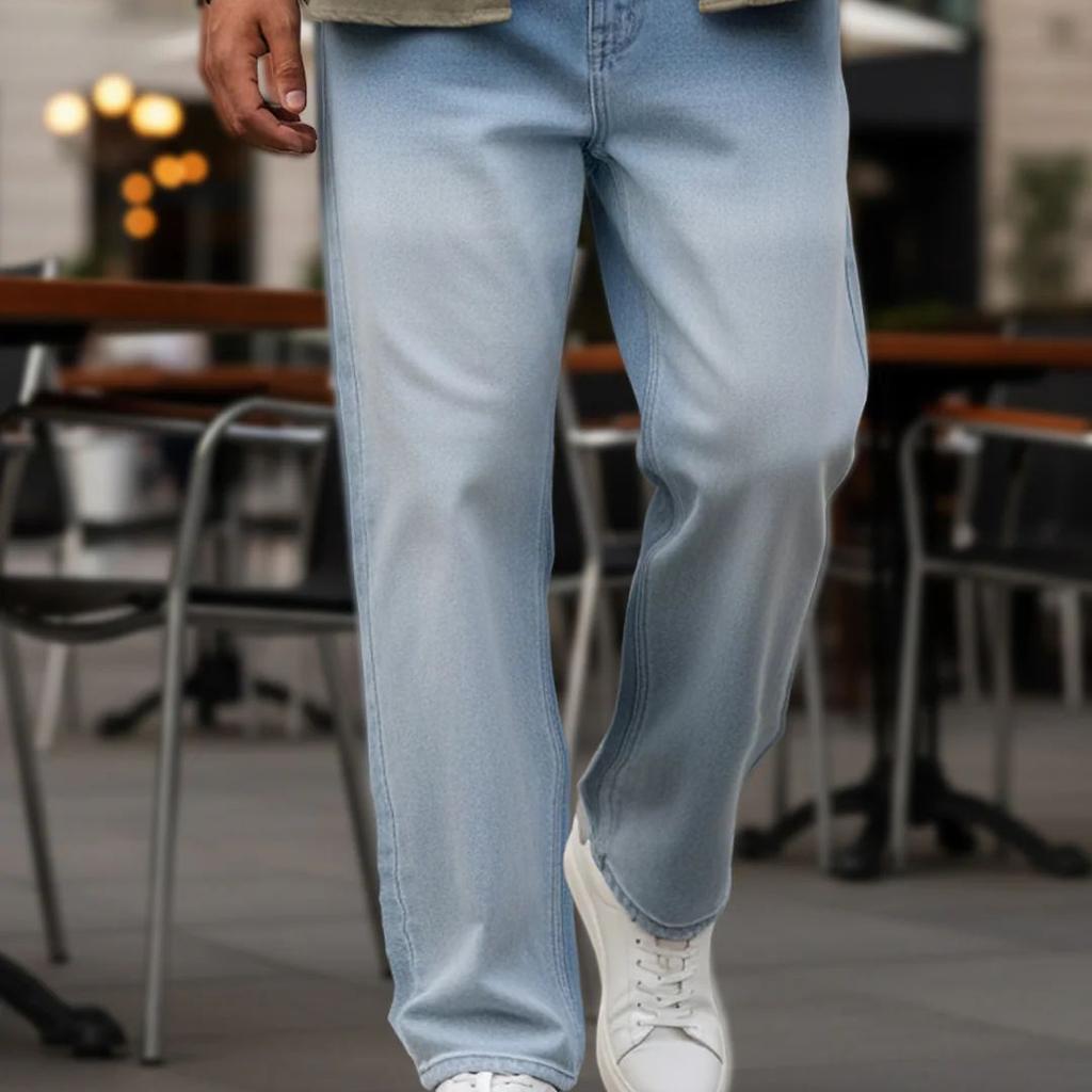 Men's Ice Blue Loose Baggy Fit Heavy Washed Faded Denim Jeans Non-Stretchable