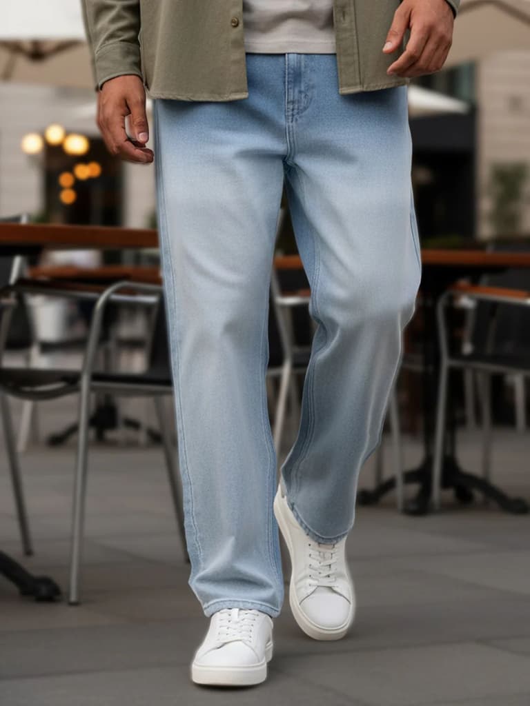 Men's Ice Blue Loose Baggy Fit Heavy Washed Faded Denim Jeans Non-Stretchable — 28 / Ice Blue