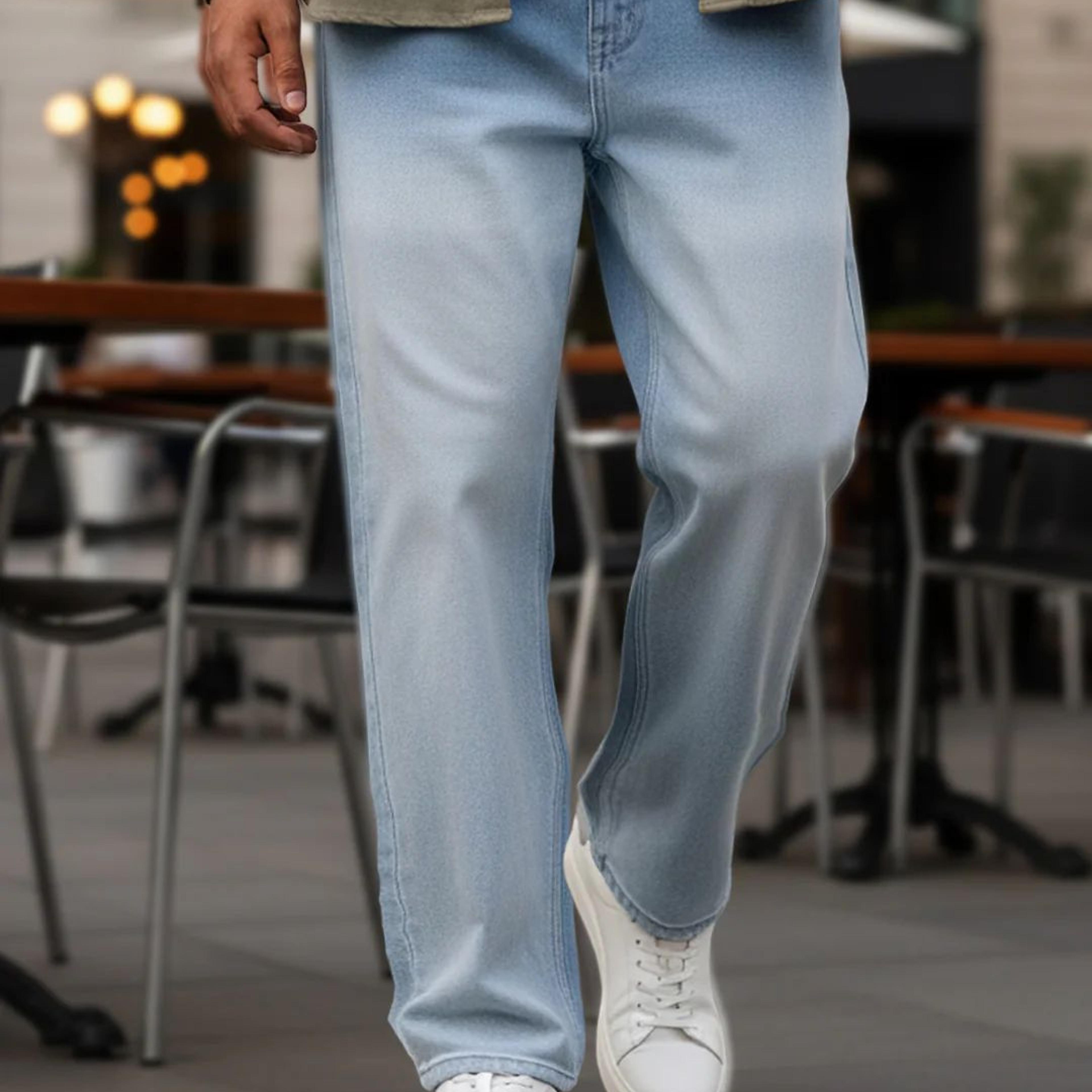 Men's Ice Blue Loose Baggy Fit Heavy Washed Faded Denim Jeans Non-Stretchable