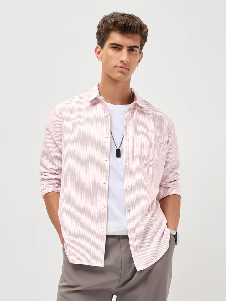 Men's Light Pink Cotton Full Sleeve Regular Fit Casual Striped Shirt — photo 2