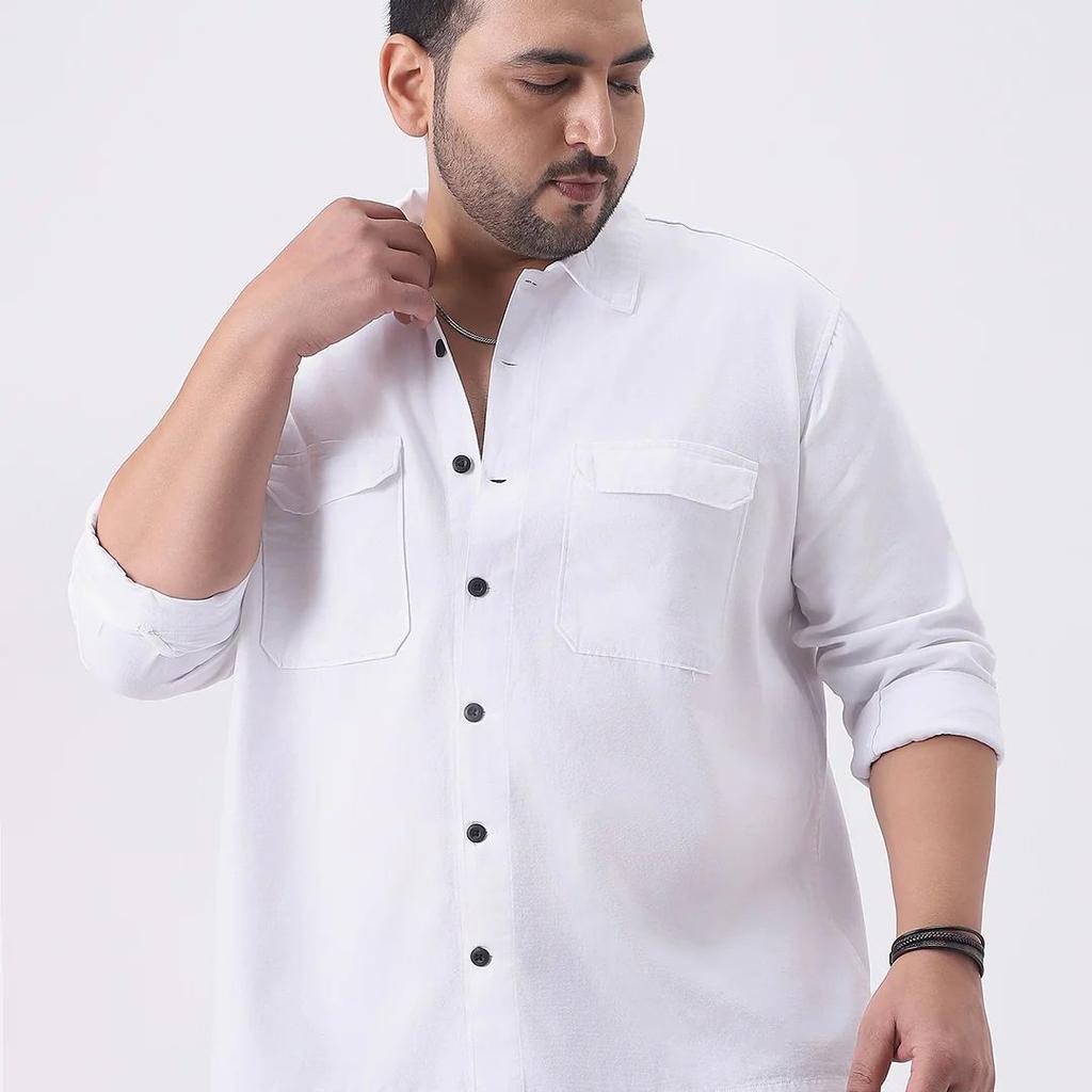 Plus Men's White Cotton Full Sleeve Relaxed Fit Shacket with Utility Pockets