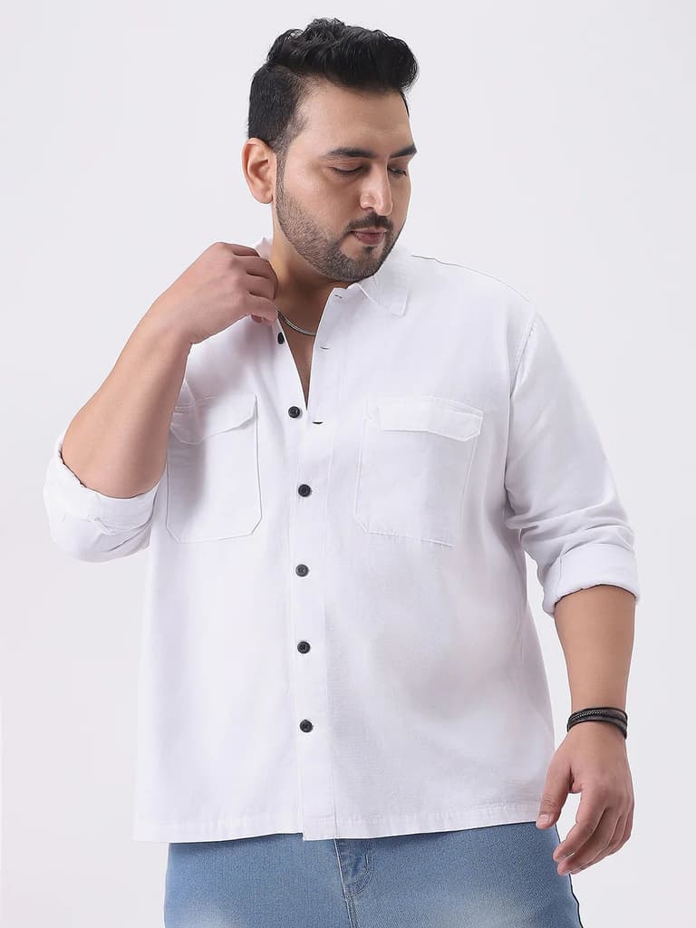 Plus Men's White Cotton Full Sleeve Relaxed Fit Shacket with Utility Pockets — XXL / White