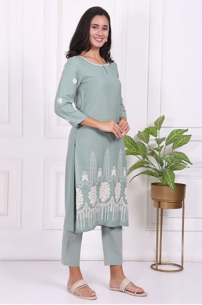 Light Green Embroidered Rayon Straight Kurta and Straight Pants Co-ord Set — photo 6