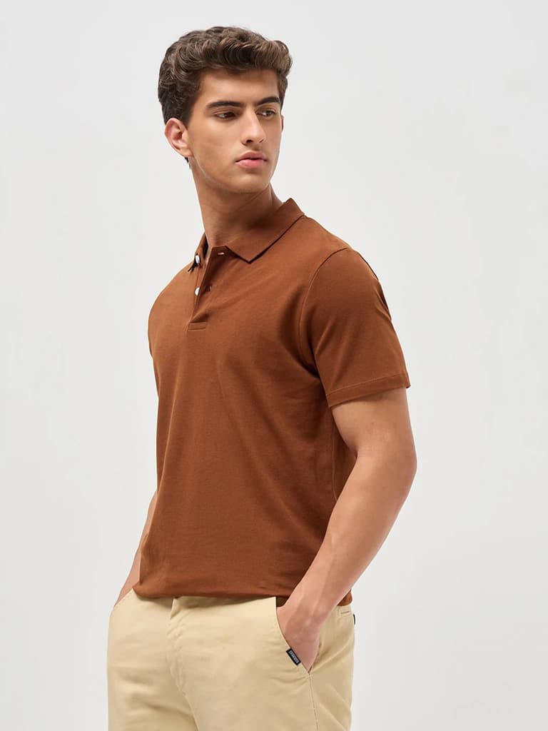 Men's Chocolare Brown Solid Regular Fit Half Sleeve Cotton Polo T-Shirt — photo 3
