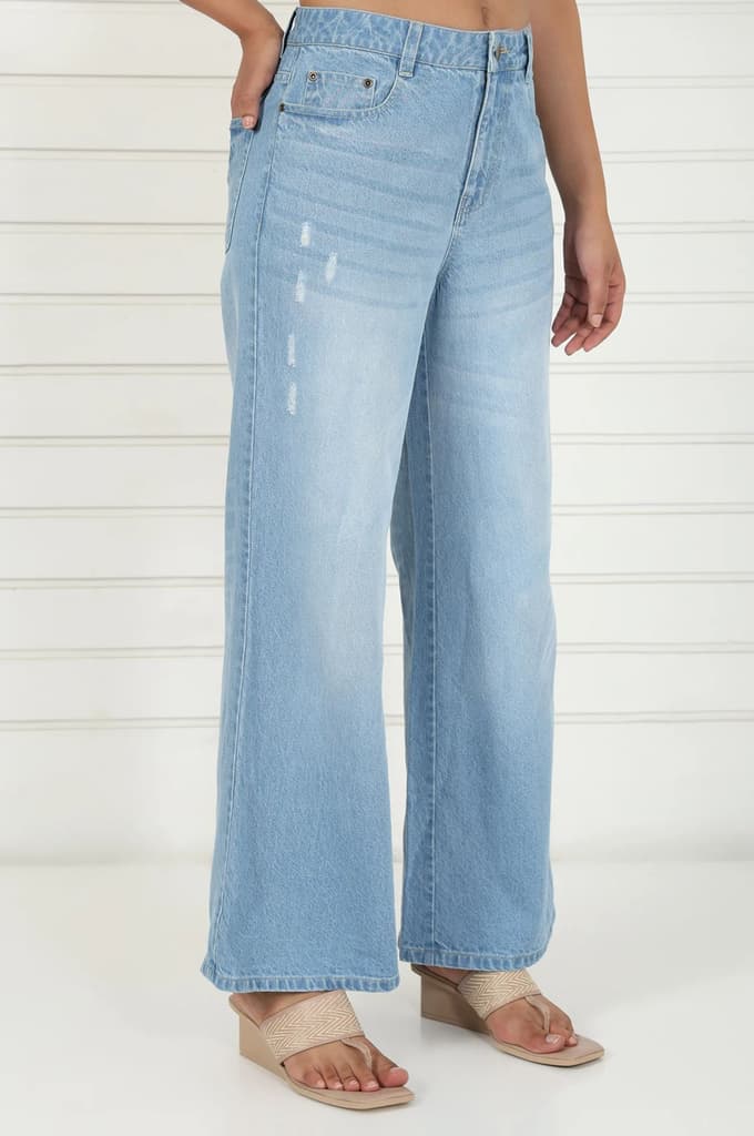 Blue Denim Mid Rise Ankle Length Flared Pants with YKK Zipper — photo 5