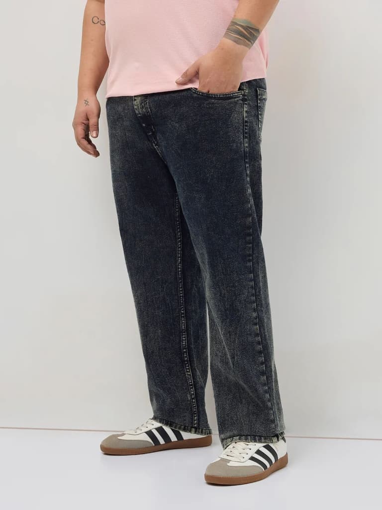 Plus Men's Black Regular Fit Towel Washed Yellow Tint Denim Jeans Stretchable — photo 2