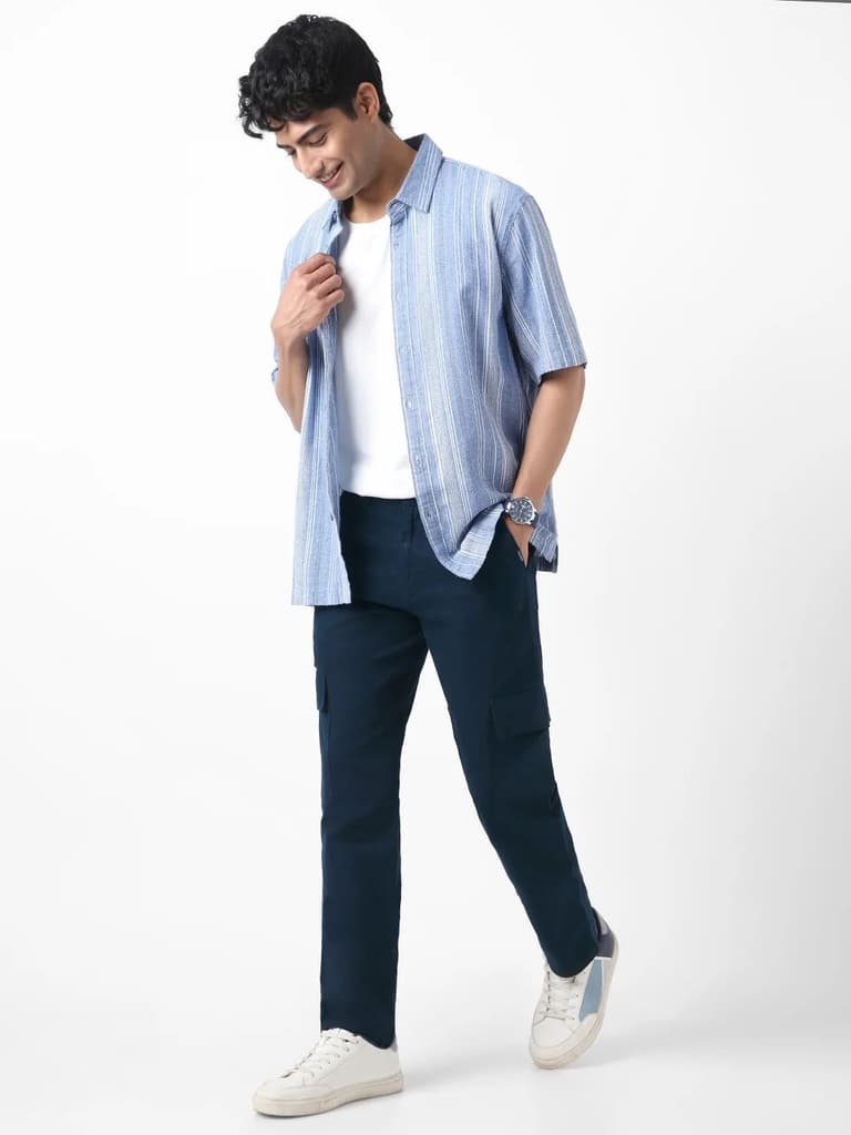 Men's Navy Regular Fit Solid Cargo Chino Pant with 6 Pockets Stretchable — photo 4