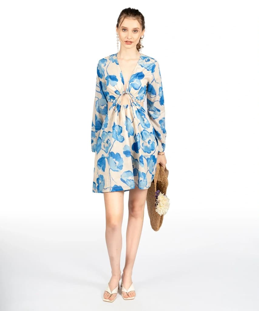 Blue & Beige Floral Cotton Cambric Fit & Flare Dress — photo 6