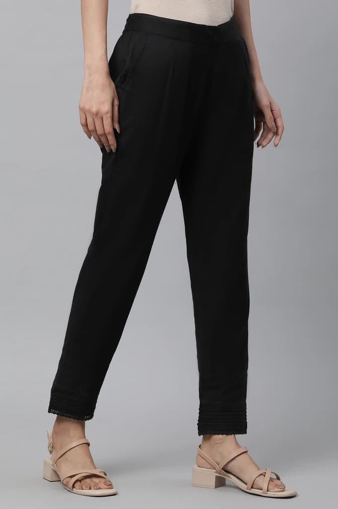 Black Solid Straight Fit Cotton Trousers With Lace Insert — photo 4