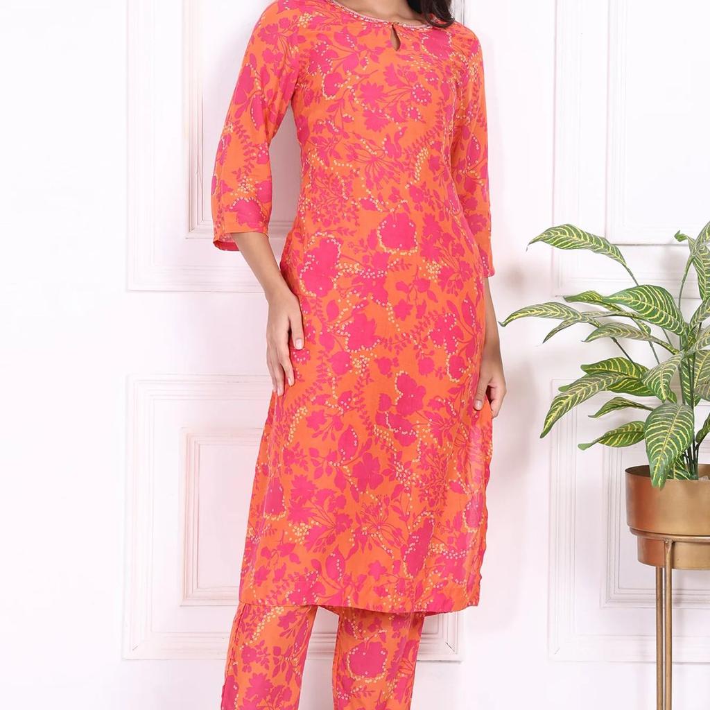 Orange Floral Printed Mirror work Modal Straight Kurta