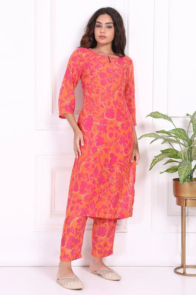 Orange Floral Printed Mirror work Modal Straight Kurta — XS